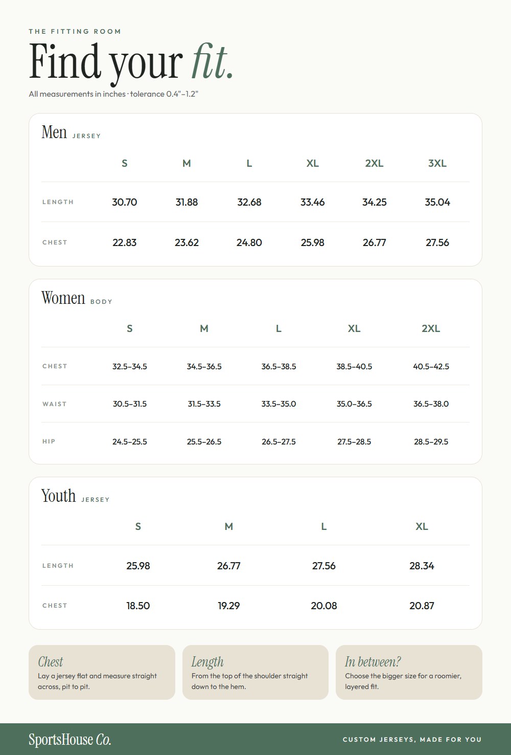 Jersey size chart